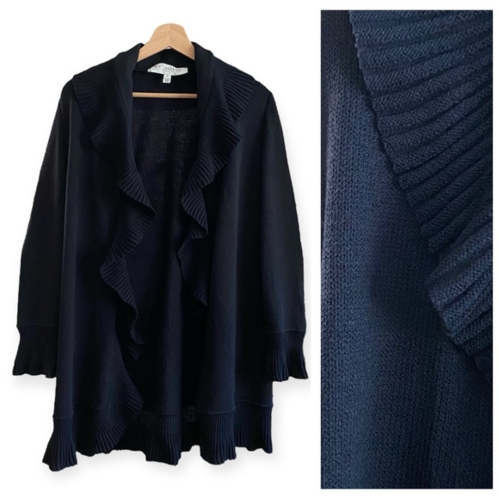 St. John Collection Black Santana Knit Wool Blend Ruffle Cardigan Sweater 2